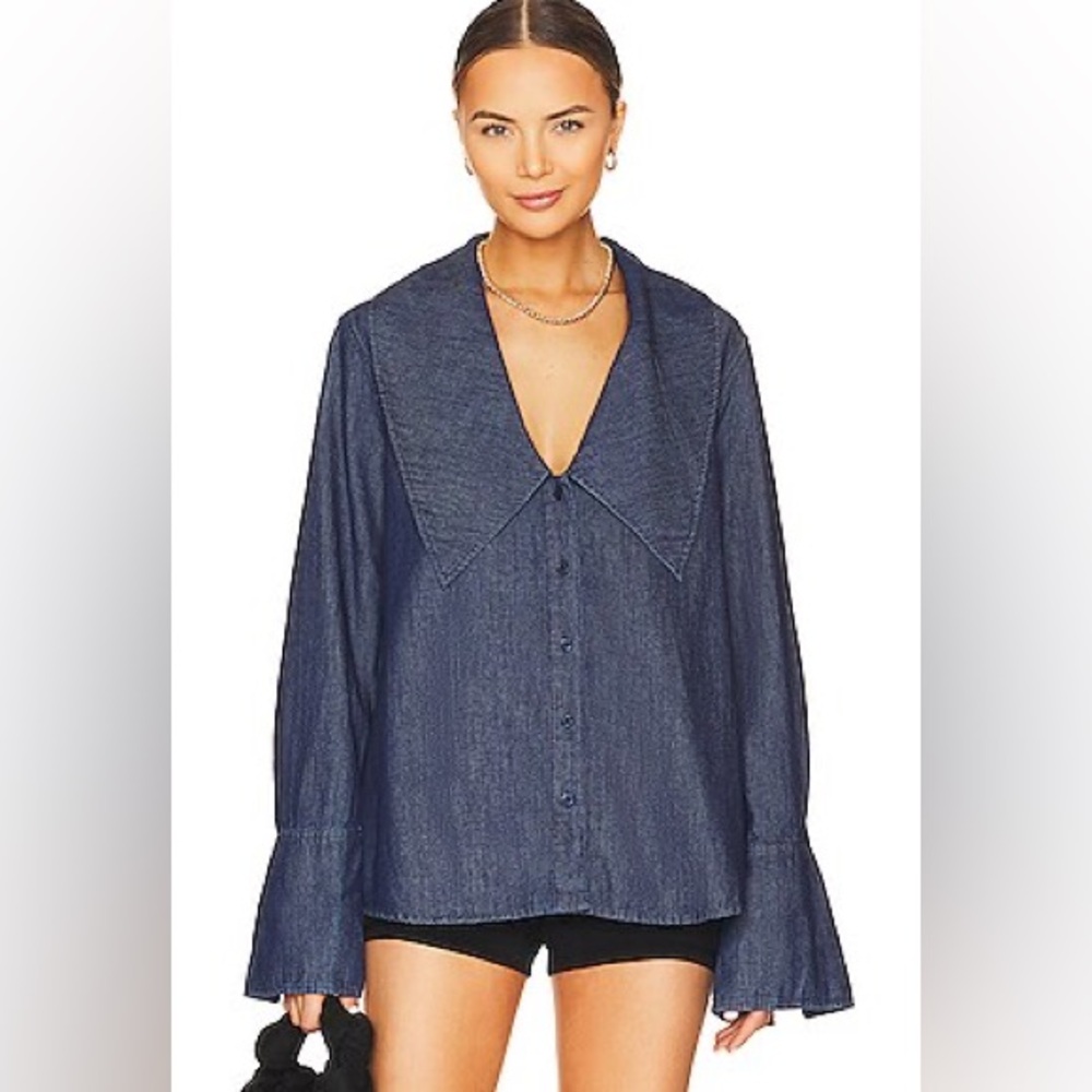 Denim Navy Button-Front Top with Statement Collar